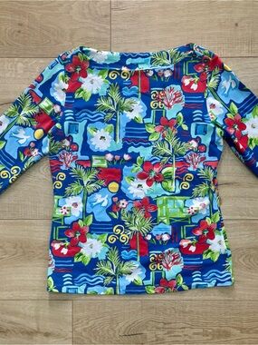 J McLaughlin Floral Tropical Blue 3/4 Sleeve Top Catalina Cloth Wavesong
